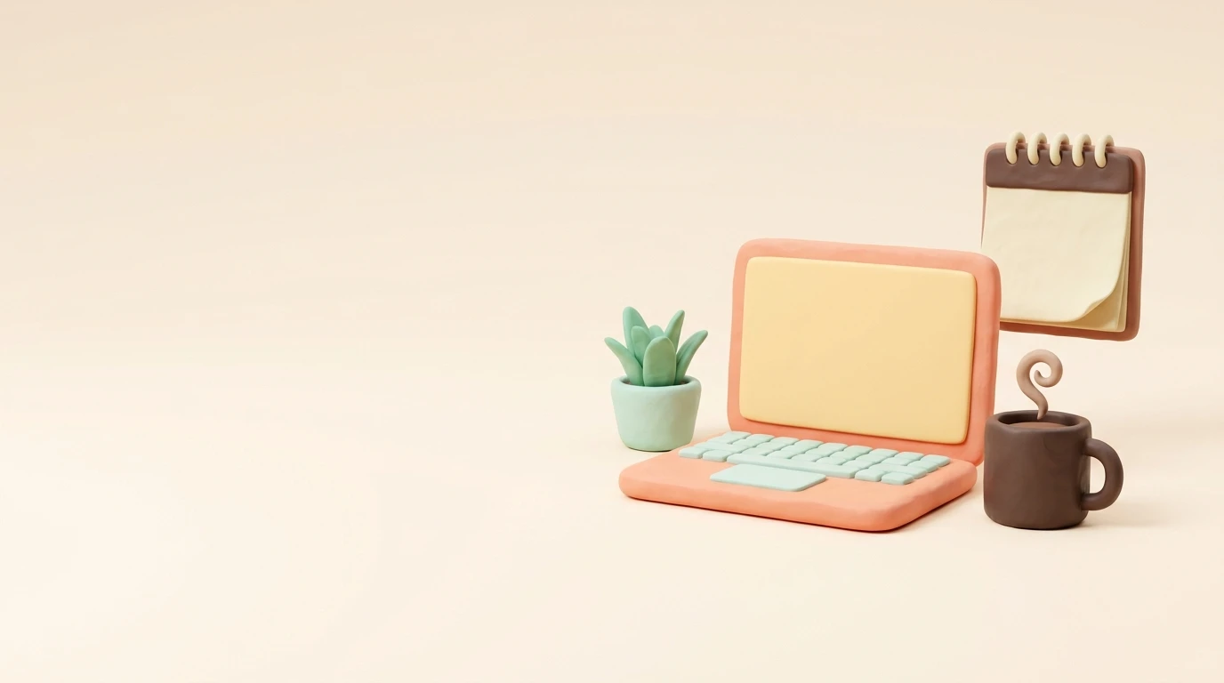 A clay laptop, mug, plant, and desk calendar modelled in the same soft plasticine